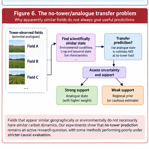 Tower-observed fields feed an analogue selection process. Transfer to an untowered field is moderated by uncertainty and support, with strong support using analogue state and weak support reverting toward regional prior.